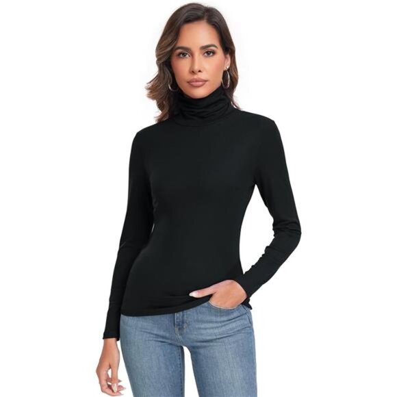 Women's Long Sleeve Casual Lightweight Turtleneck Top Slim Fit Thermal Active - Picture 1 of 7